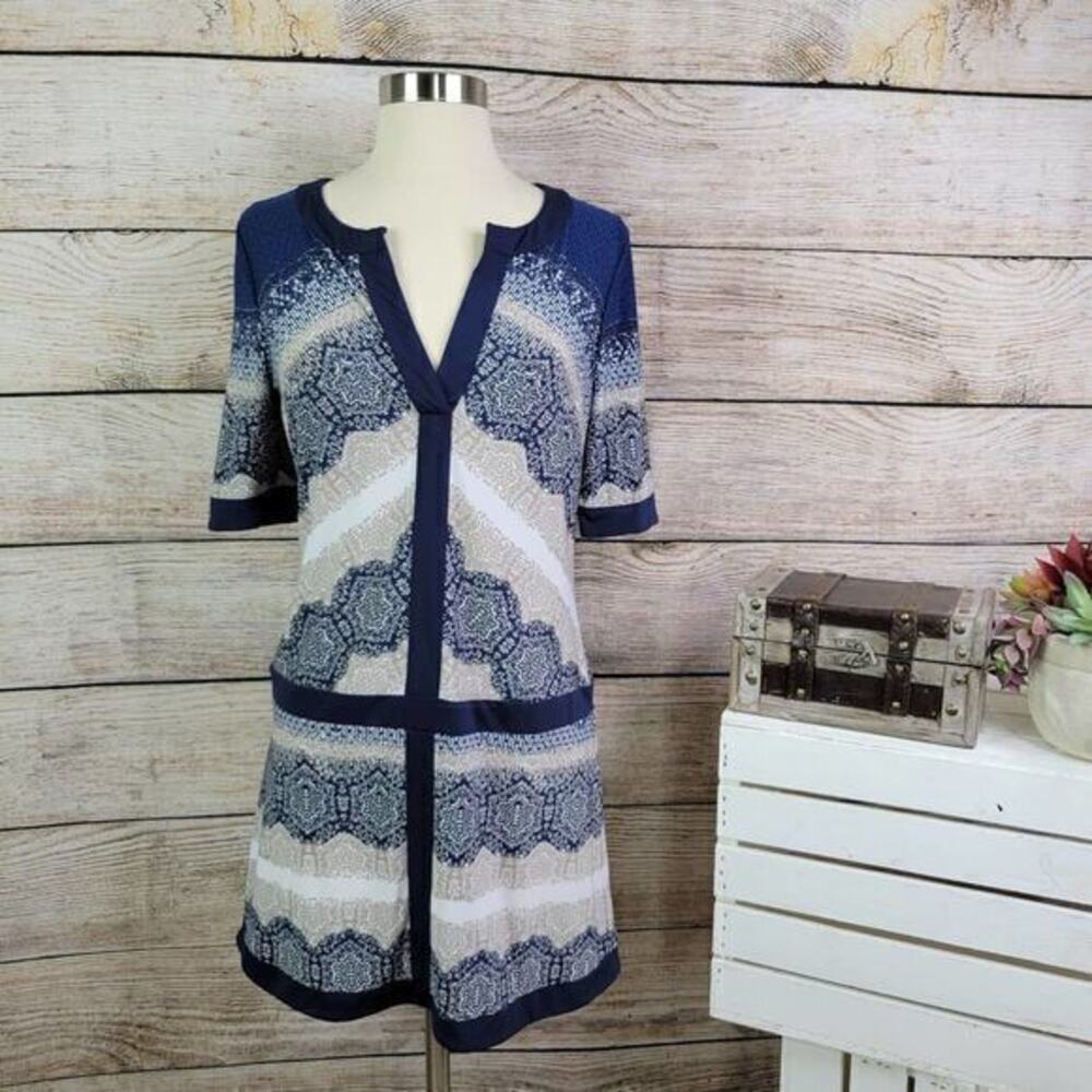 BCBGMAXAZRIA Daly Ink Blue Tan Combo Dress SP